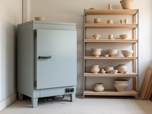 A professional ceramic kiln, with shelves nearby displaying various stages of pottery greenware.