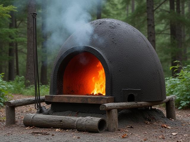 A specialized outdoor Raku kiln, showing unique equipment for the firing process.